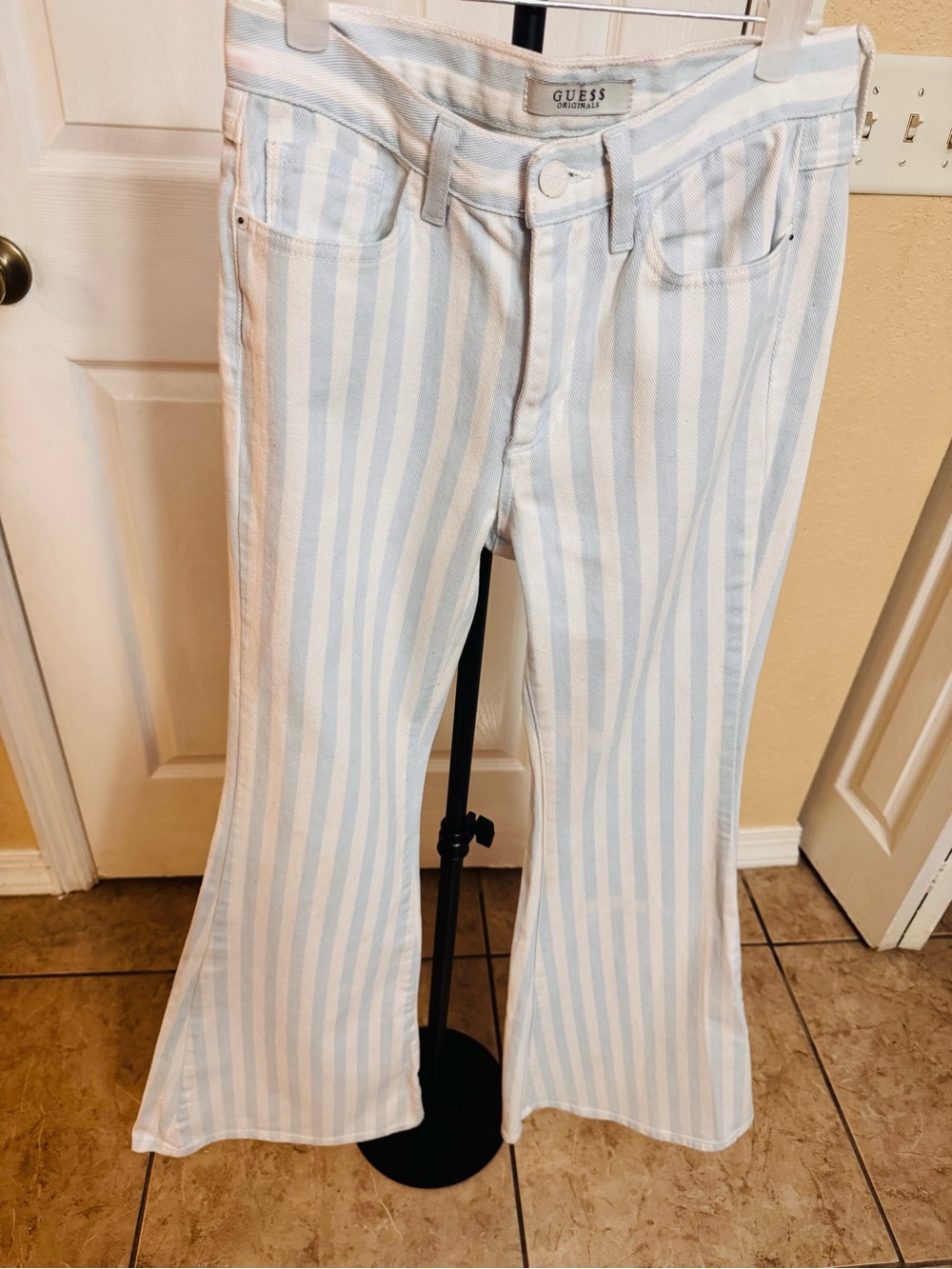 Guess Light Blue & White Vertical Stripe Flare Jeans